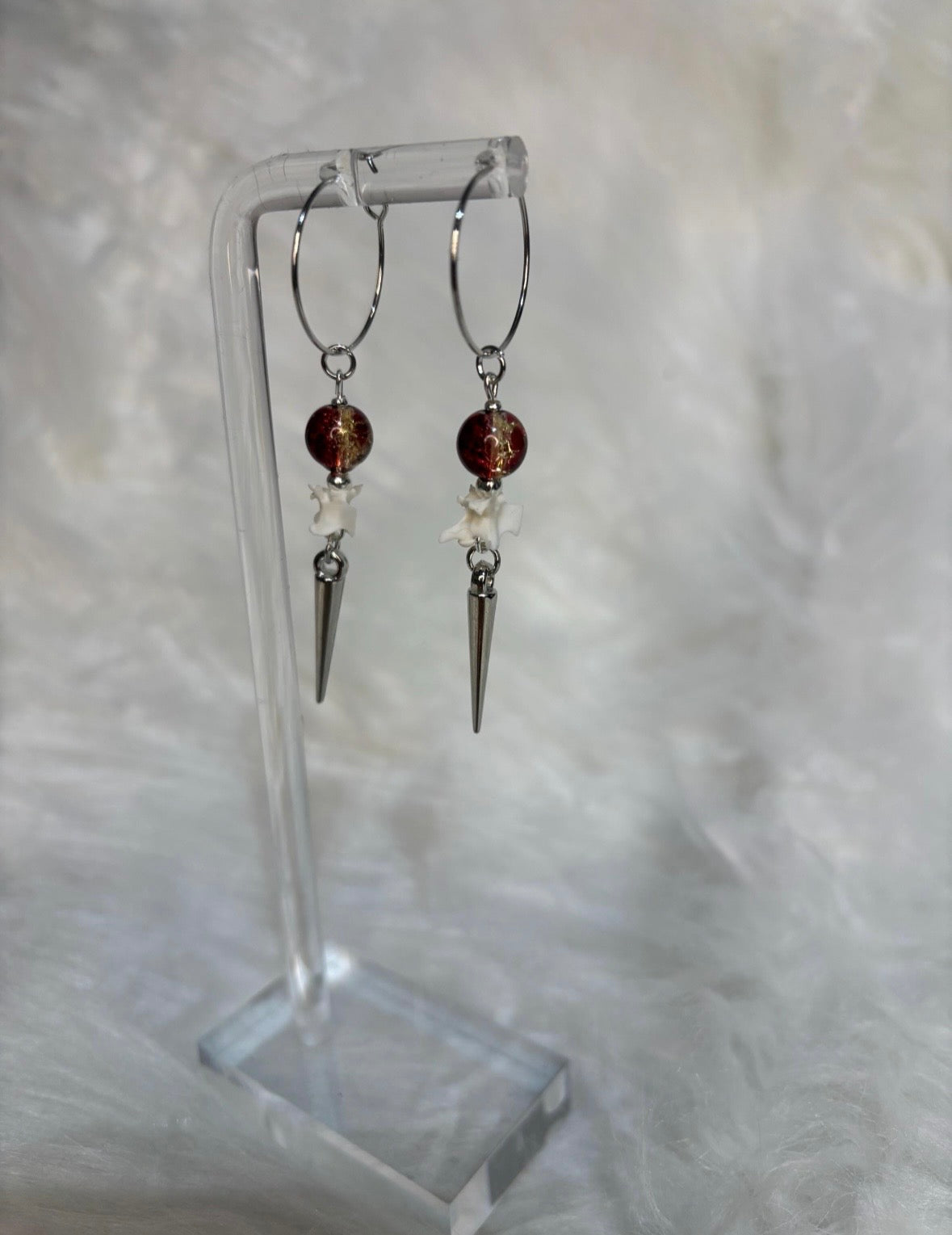 Red/Brown and Gold Rattlesnake Vertebra and Spike Hooped Earrings