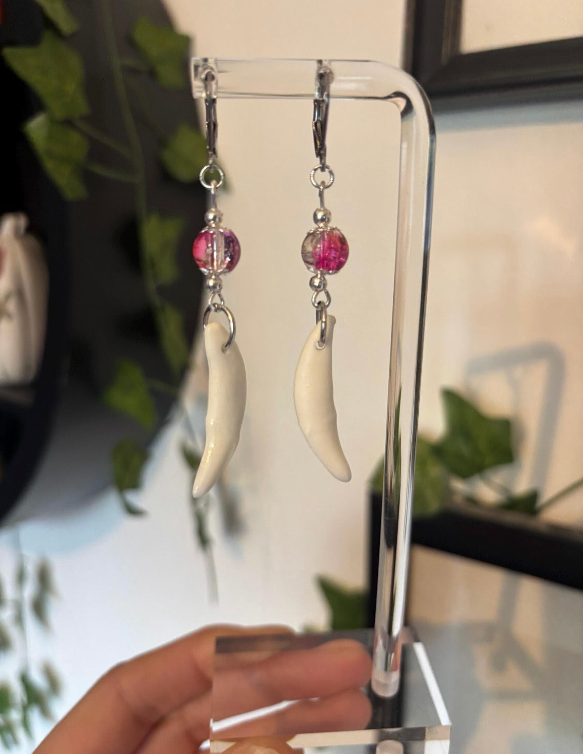 Pink and Clear Coyote Teeth Earrings