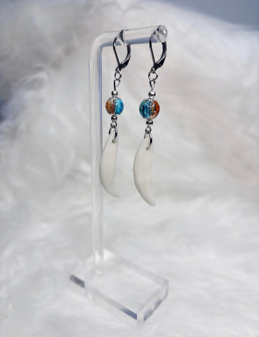 Blue and Orange Coyote Teeth Earrings