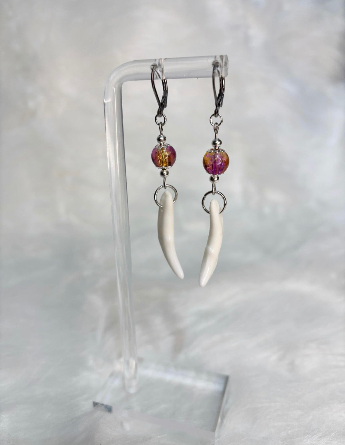 Pink and Yellow Coyote Teeth Earrings