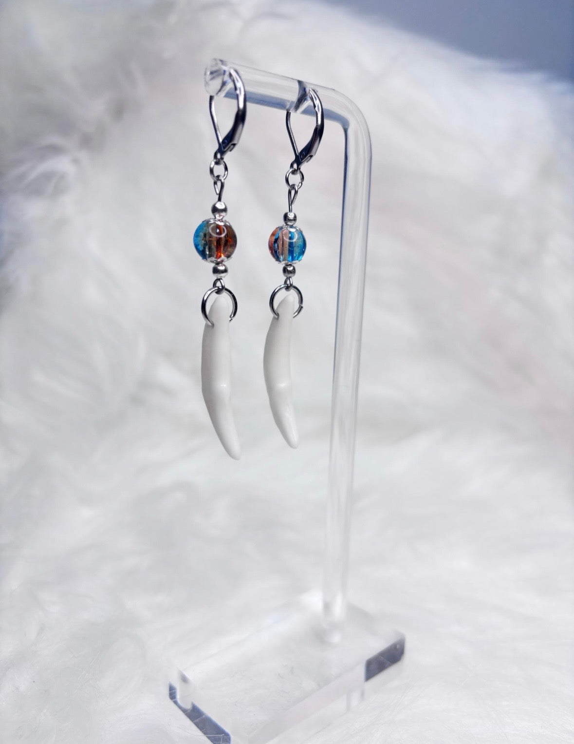 Blue and Orange Coyote Teeth Earrings