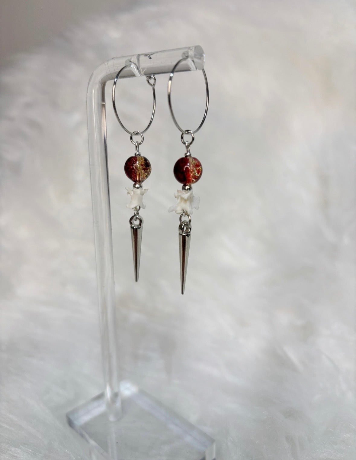 Red/Brown and Gold Rattlesnake Vertebra and Spike Hooped Earrings
