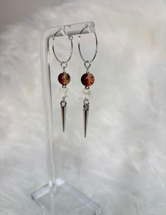 Red/Brown and Gold Rattlesnake Vertebra and Spike Hooped Earrings