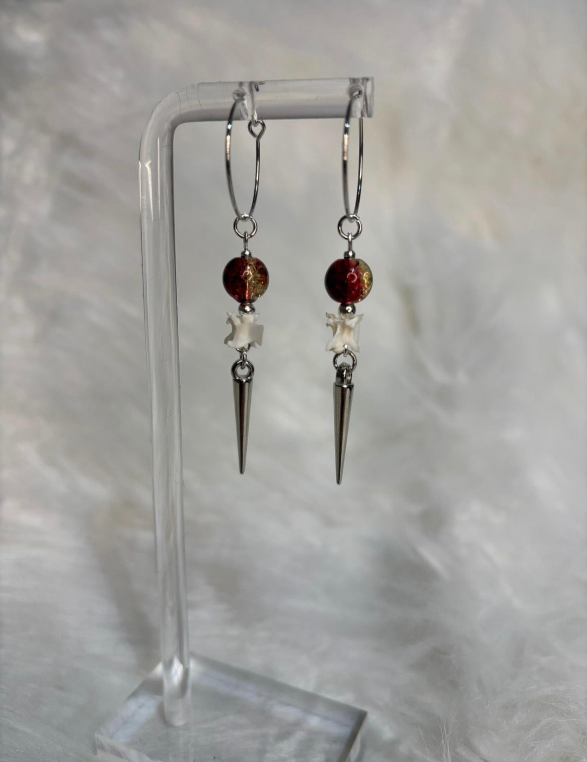 Red/Brown and Gold Rattlesnake Vertebra and Spike Hooped Earrings