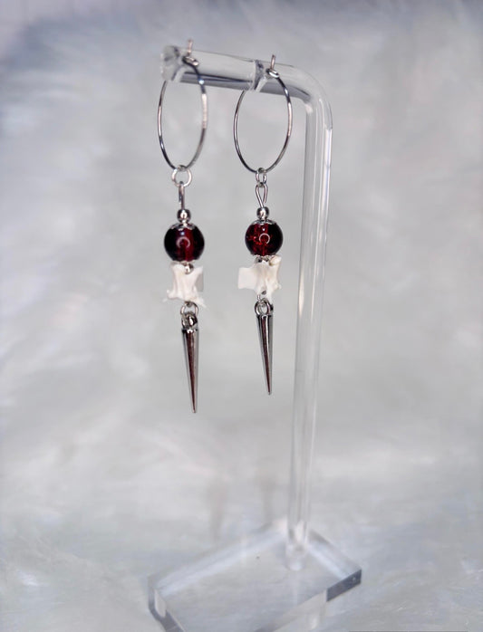 Red and Black Rattlesnake Vertebra and Spike Hooped Earrings