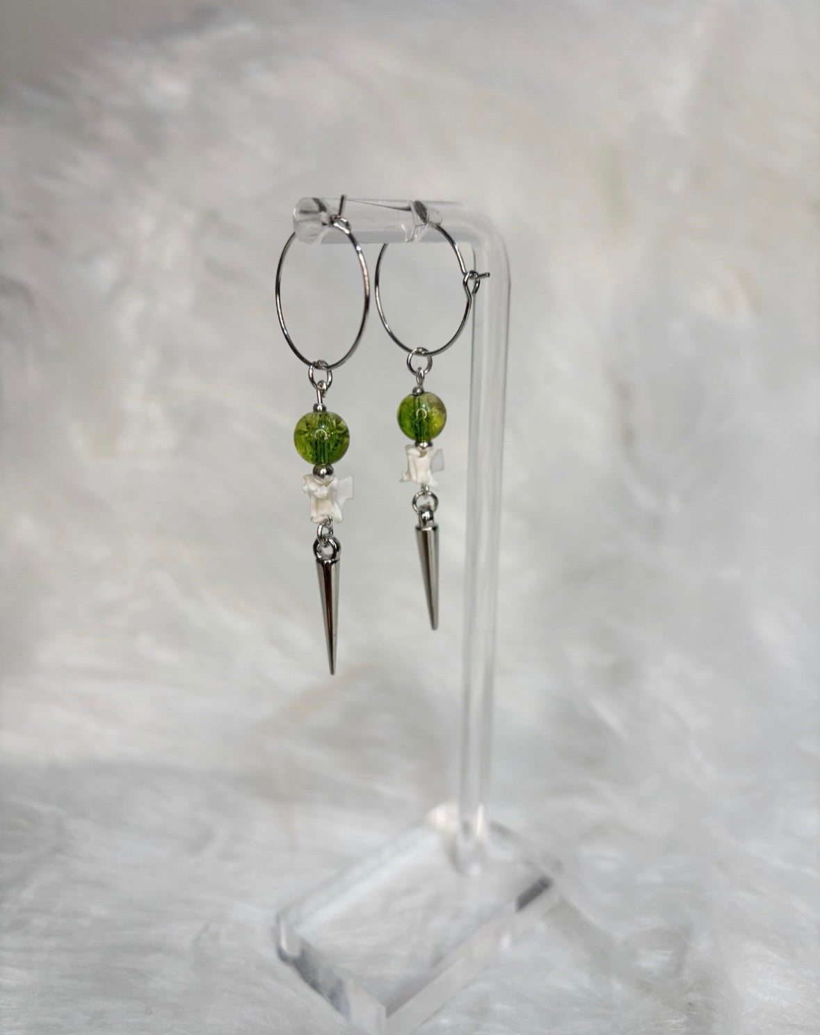 Green and Gold Rattlesnake Vertebra Bone and Spike Hooped Earrings