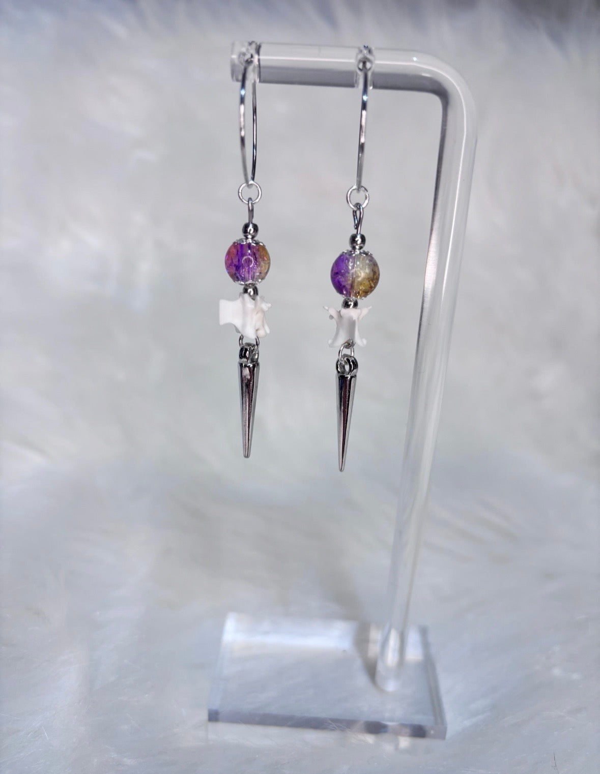 Purple and Yellow Rattlesnake Vertebra and Spike Hooped Earrings