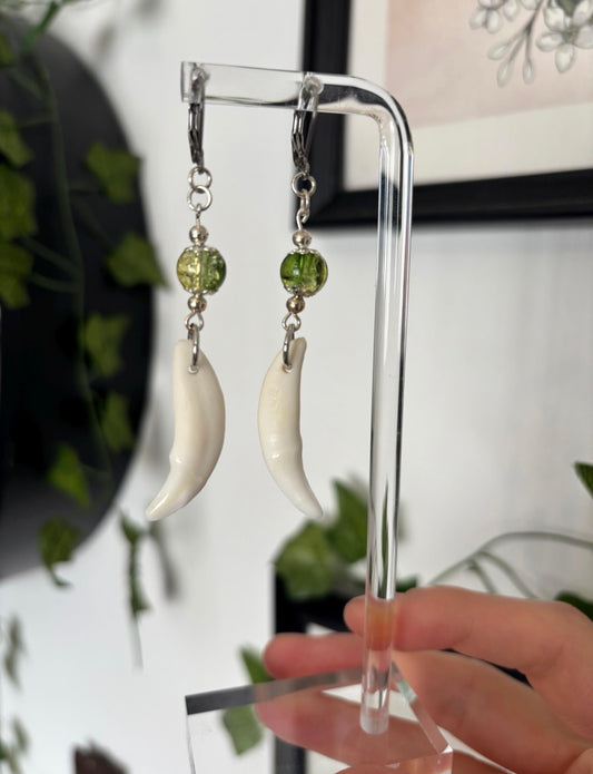Green and Yellow Coyote Teeth Earrings