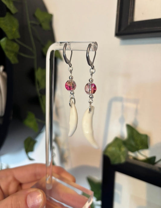 Pink and Clear Coyote Teeth Earrings