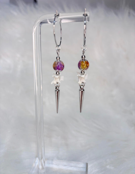 Purple and Yellow Rattlesnake Vertebra and Spike Hooped Earrings