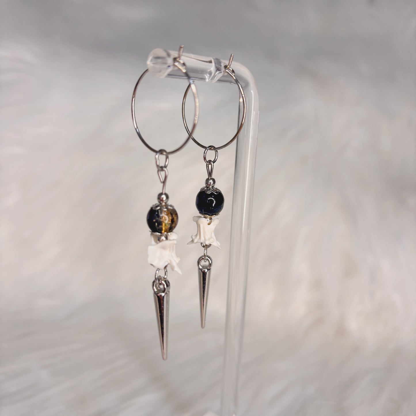 Blue and Gold Rattlesnake Vertebra Bone and Spike Hooped Earrings