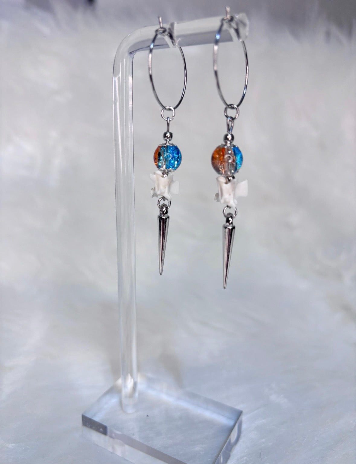 Blue and Orange Rattlesnake Vertebra and Spike Hooped Earrings