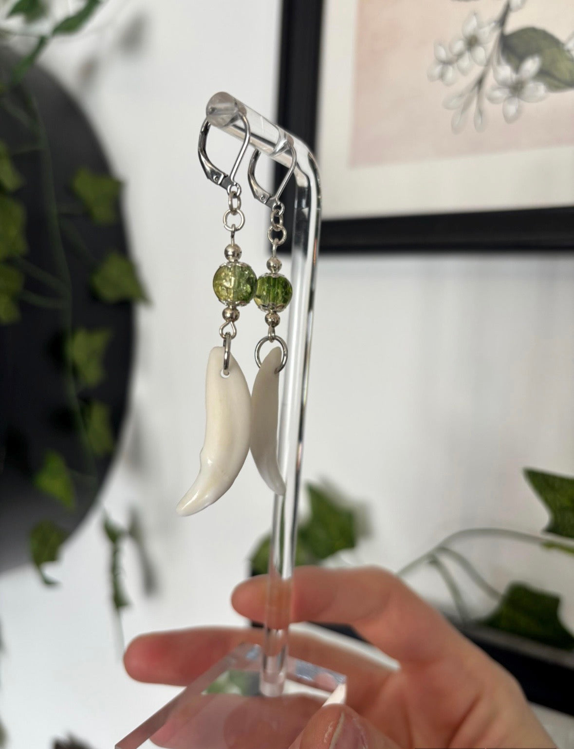 Green and Yellow Coyote Teeth Earrings