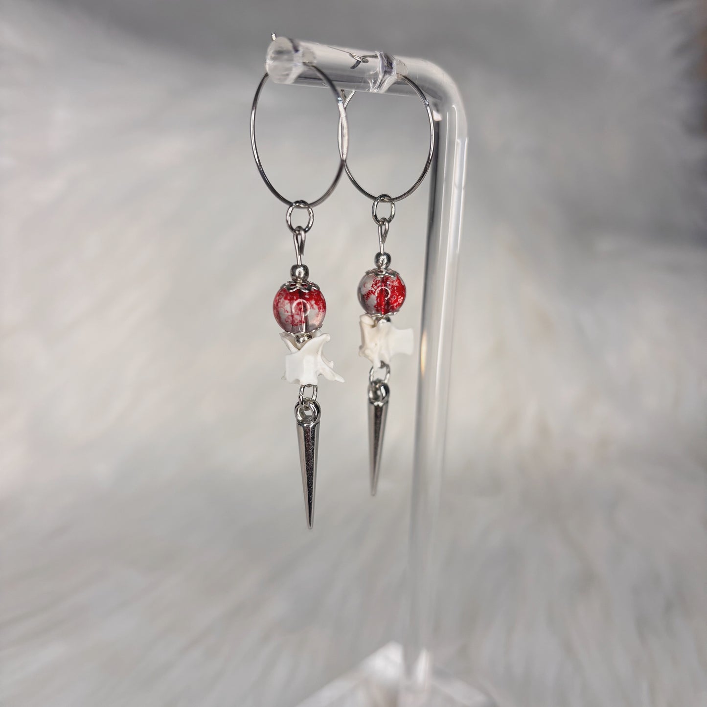 Blood Splatter Rattlesnake Vertebra Bone and Spike Hooped Earrings