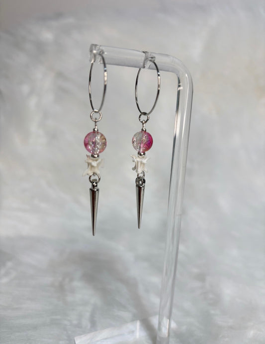 Pink and Clear Rattlesnake Vertebra Bone and Spike Hooped Earrings
