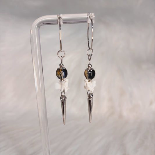 Blue and Gold Rattlesnake Vertebra Bone and Spike Hooped Earrings