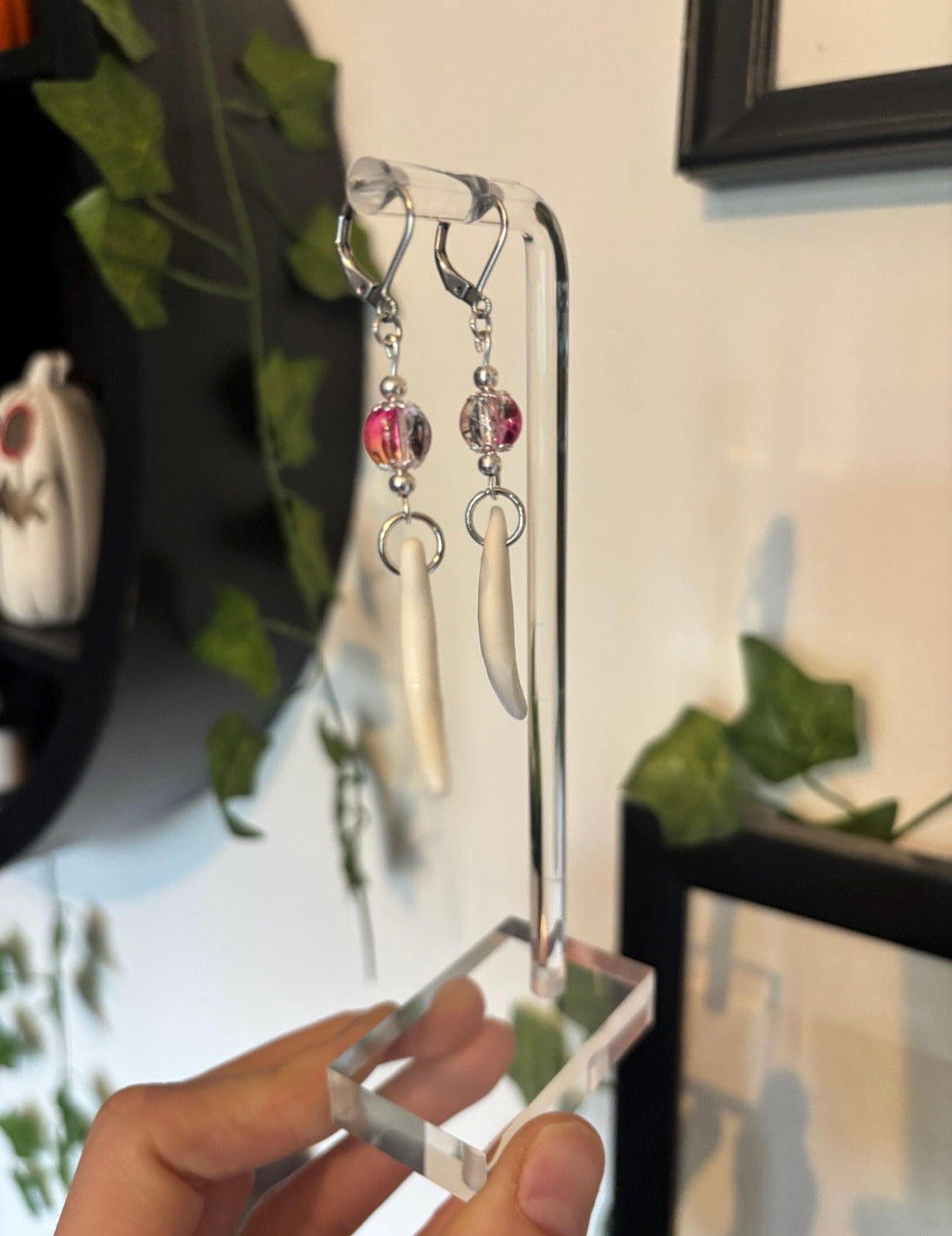 Pink and Clear Coyote Teeth Earrings
