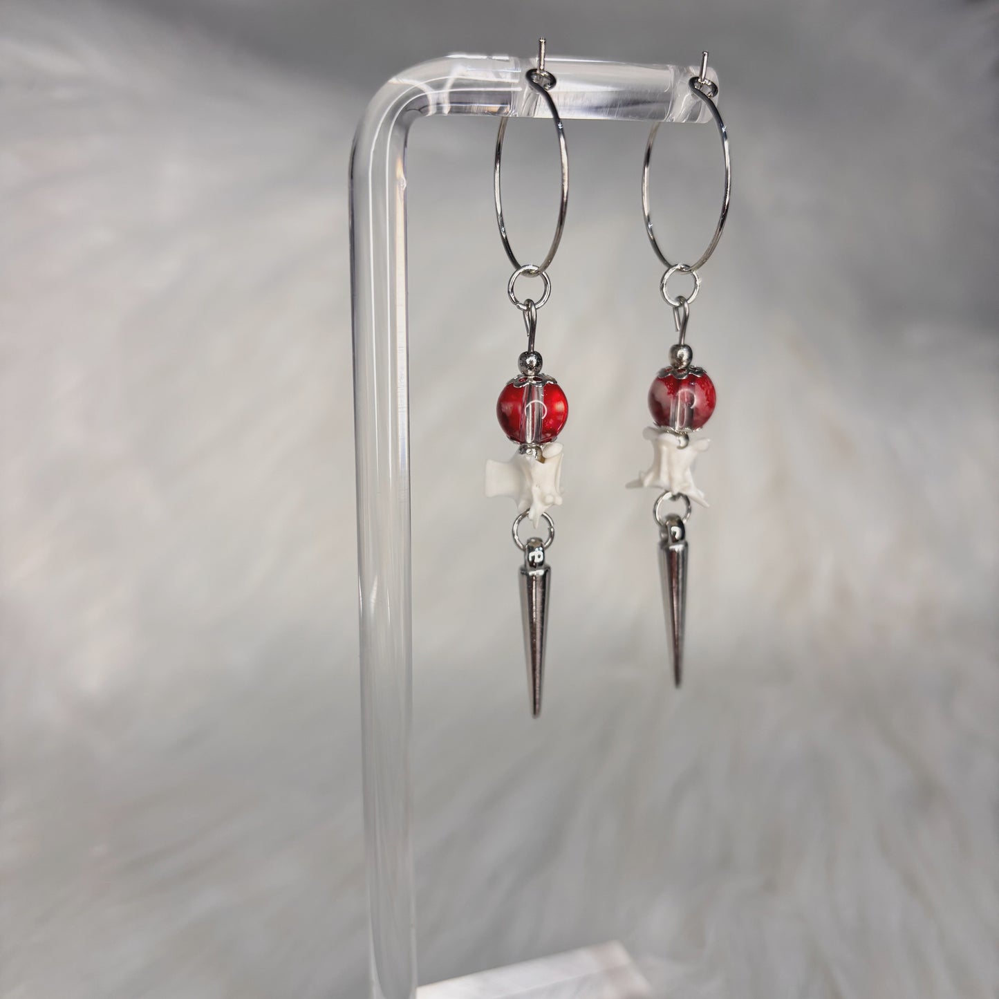 Blood Splatter Rattlesnake Vertebra Bone and Spike Hooped Earrings