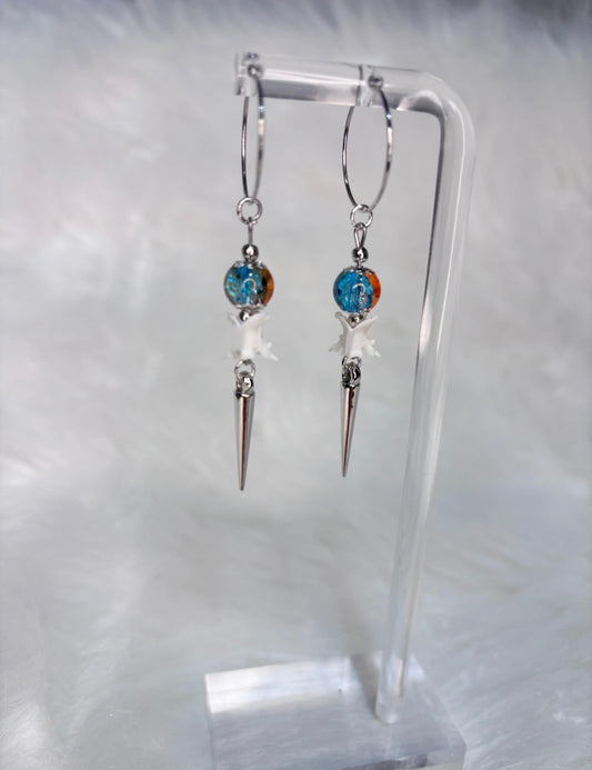 Blue and Orange Rattlesnake Vertebra and Spike Hooped Earrings