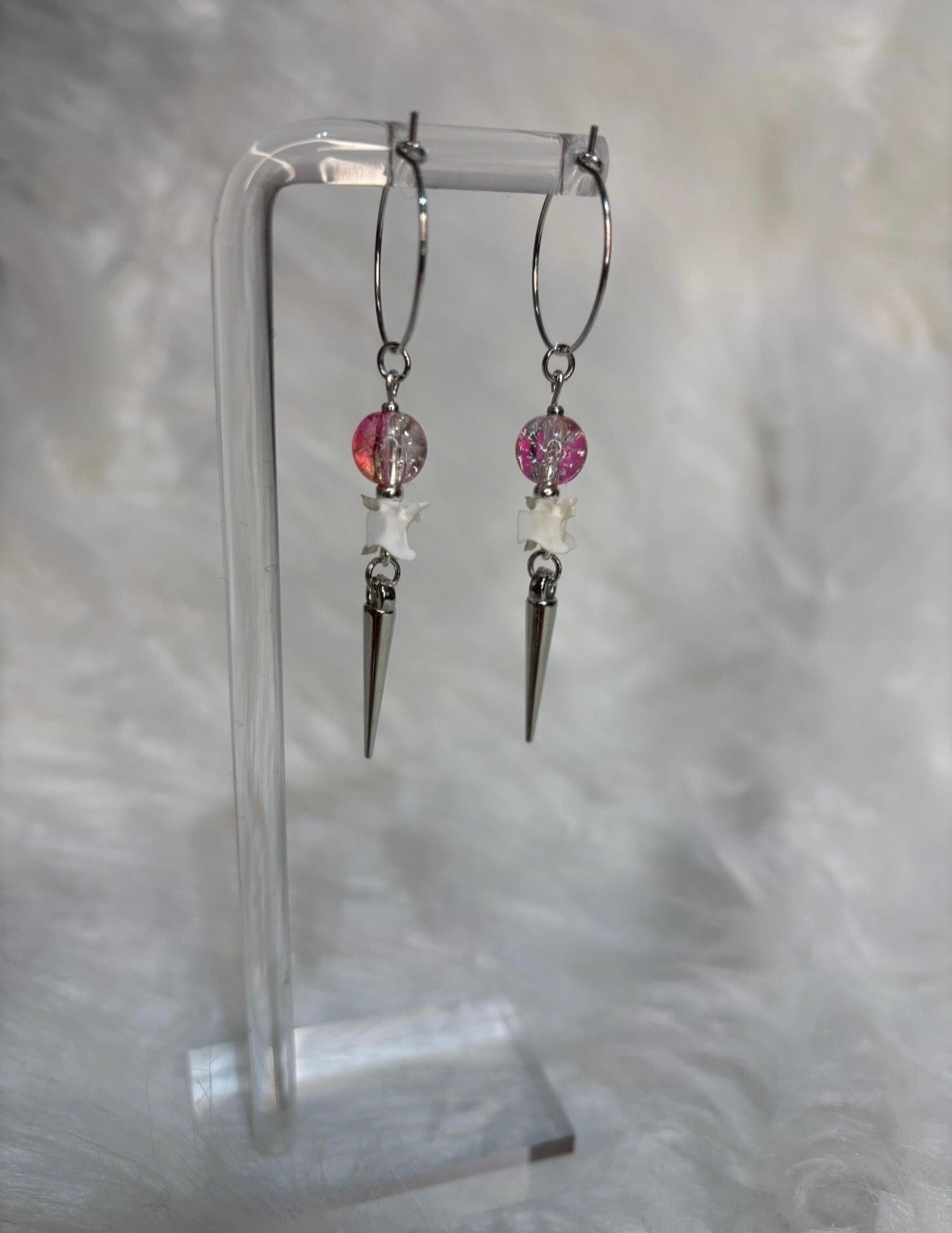 Pink and Clear Rattlesnake Vertebra Bone and Spike Hooped Earrings