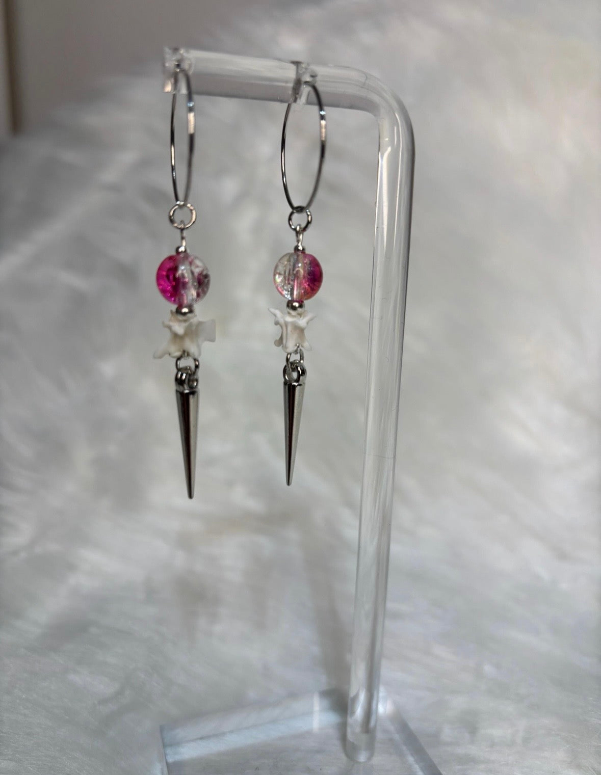Pink and Clear Rattlesnake Vertebra Bone and Spike Hooped Earrings