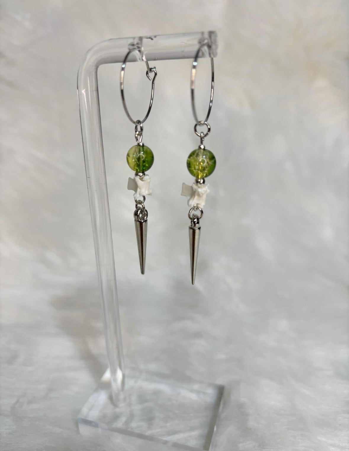 Green and Gold Rattlesnake Vertebra Bone and Spike Hooped Earrings