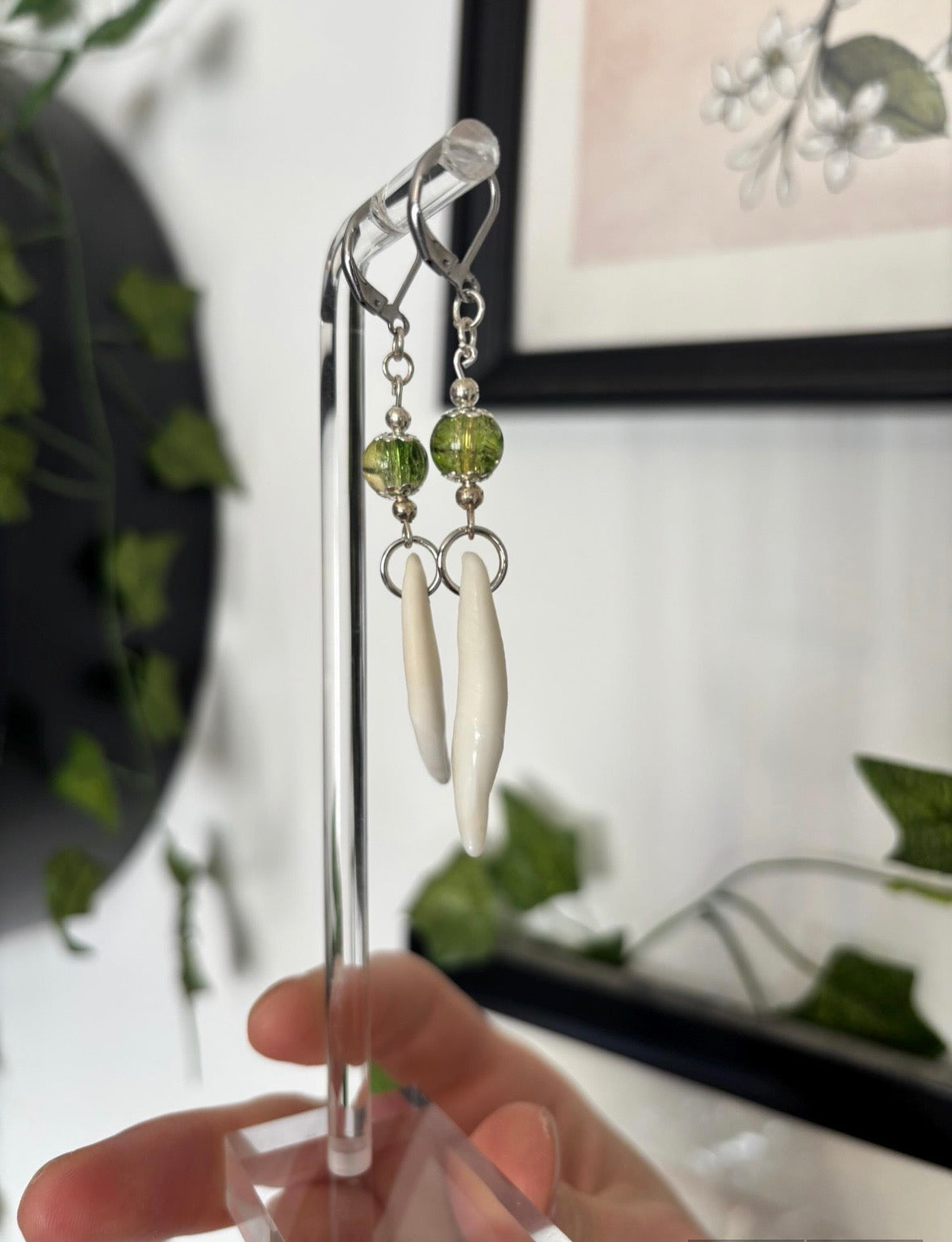 Green and Yellow Coyote Teeth Earrings