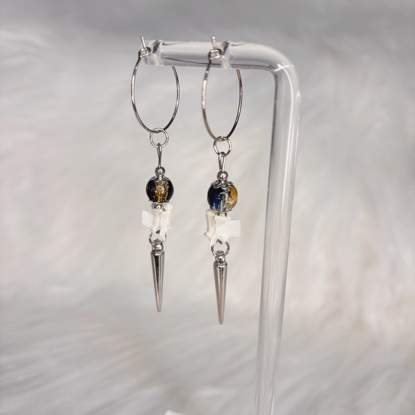 Blue and Gold Rattlesnake Vertebra Bone and Spike Hooped Earrings