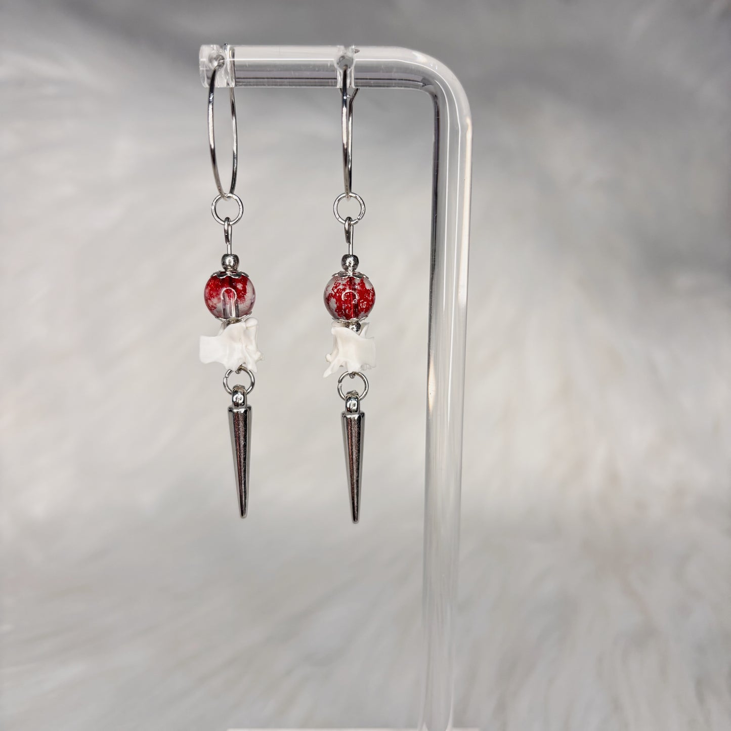 Blood Splatter Rattlesnake Vertebra Bone and Spike Hooped Earrings