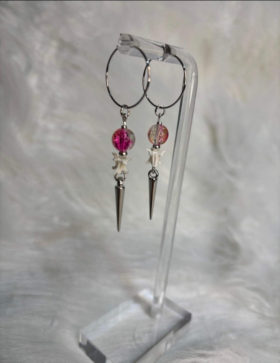 Pink and Clear Rattlesnake Vertebra Bone and Spike Hooped Earrings